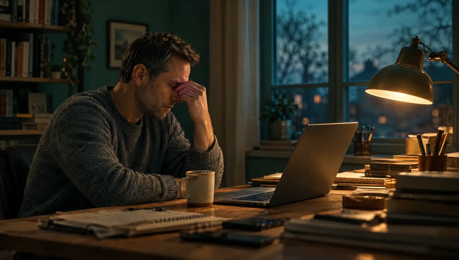 Erschöpfter Mann am Schreibtisch vor dem Laptop am späten Abend