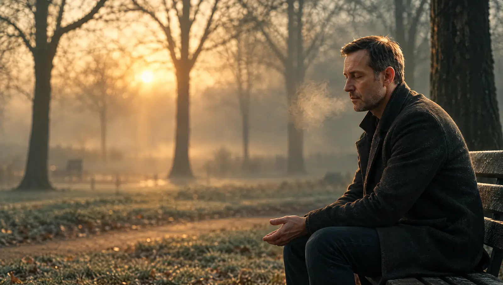 Mann sitzt in der Morgensonne im Park und atmet ruhig