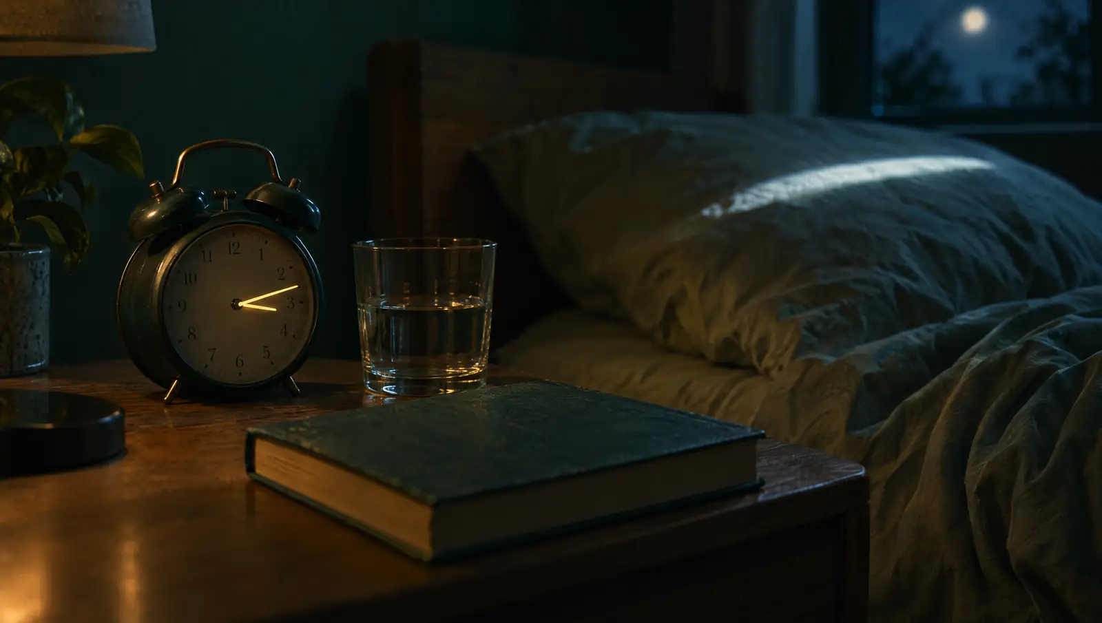 Wecker, Wasserglas und Buch auf dem Nachttisch bei Mondlicht