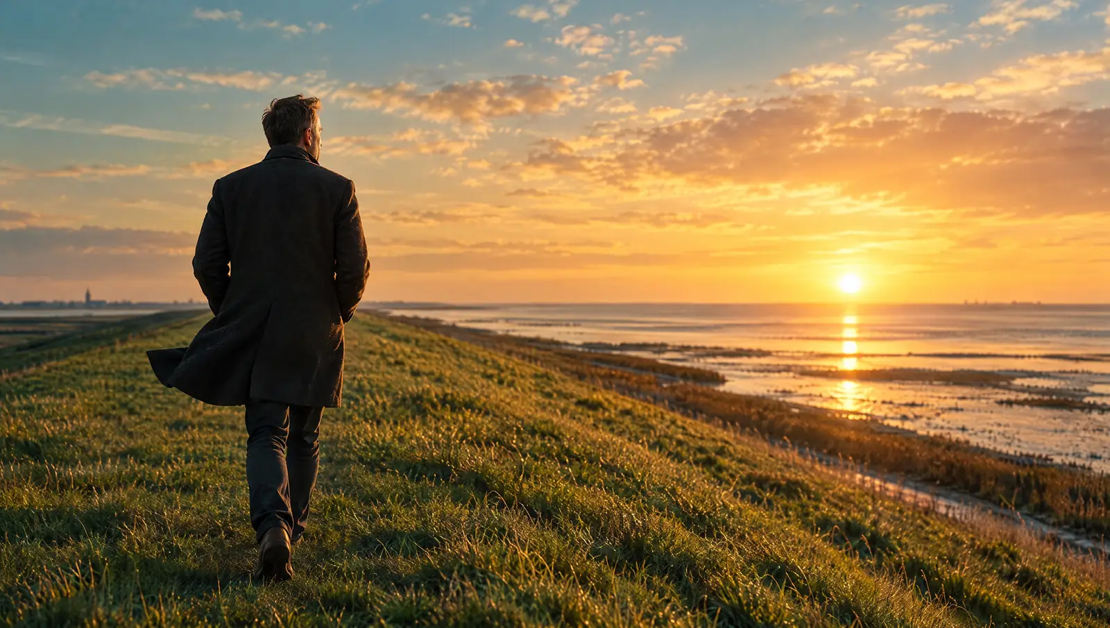 Mann geht bei Sonnenaufgang auf einem Deich am Wattenmeer