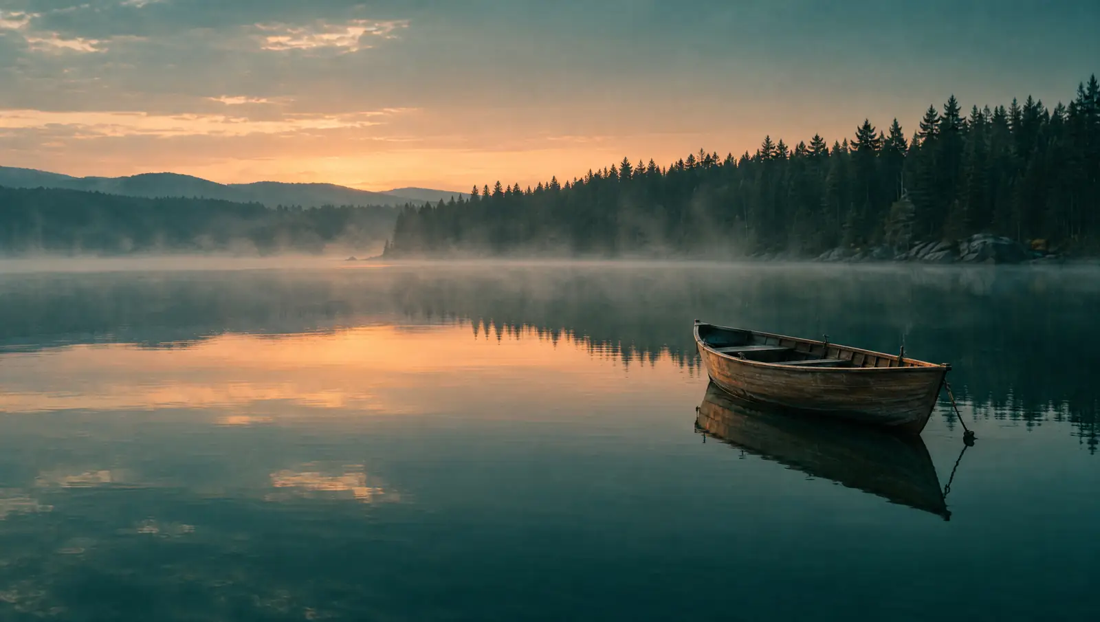 Ruhiger See im Morgenlicht mit einem Ruderboot