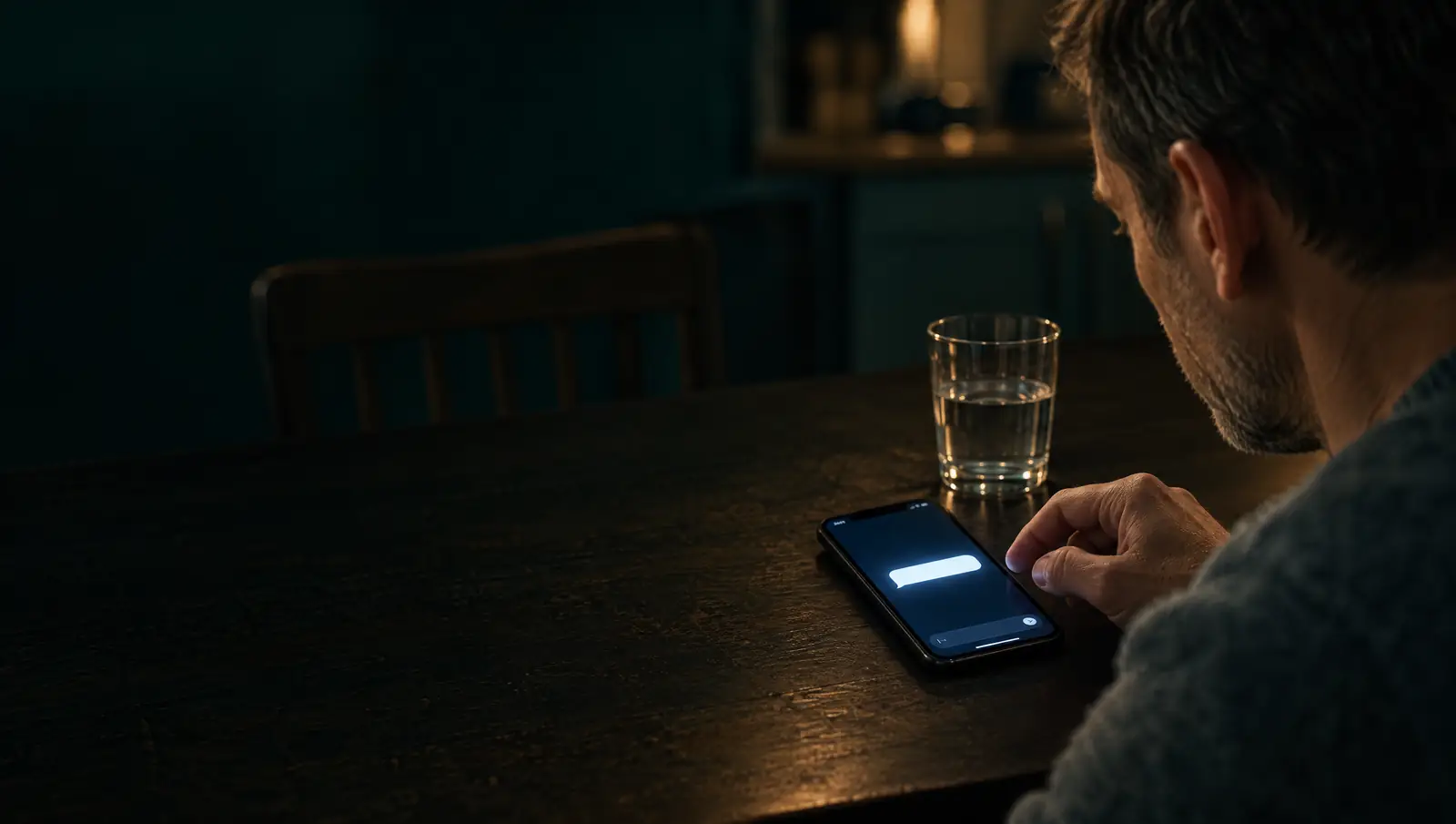 Mann sitzt abends am Tisch und schaut auf eine Nachricht auf dem Handy