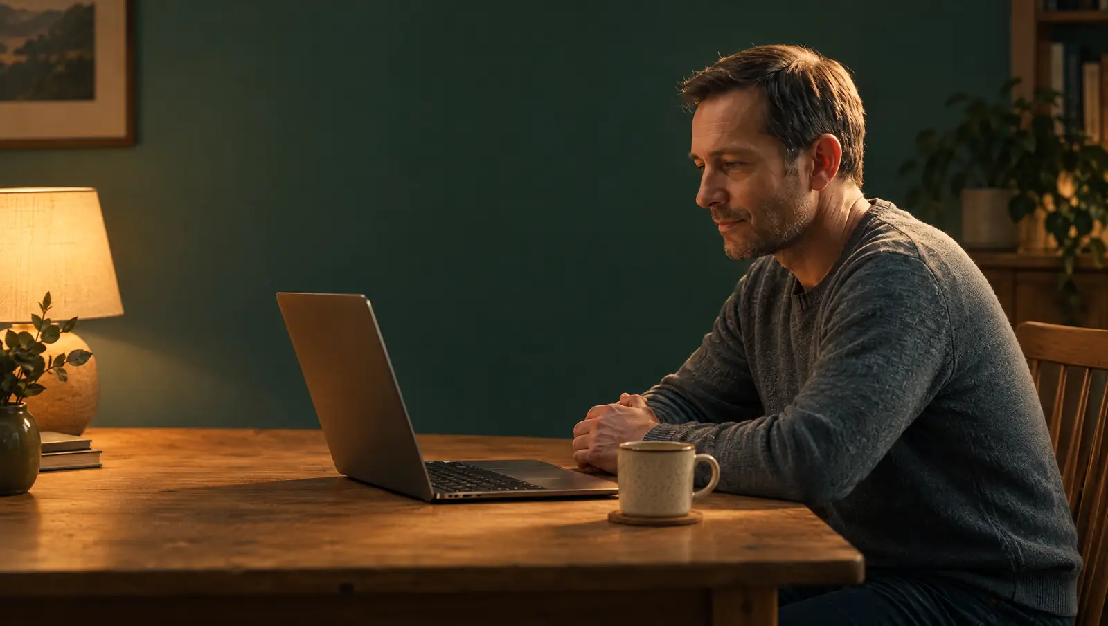 Mann sitzt abends ruhig am Tisch vor seinem Laptop